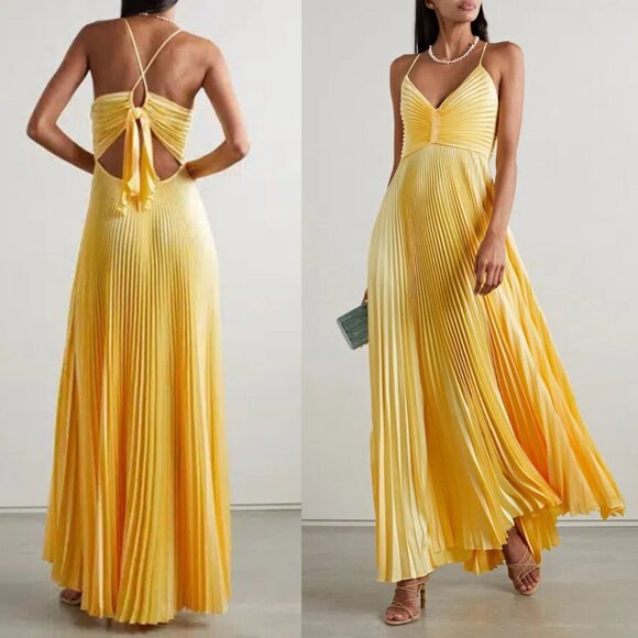 A.L.C. Aries Yellow‎ Accordion Pleated Satin Cut Out Open Back Maxi Dress Gown 2 - Picture 1 of 14